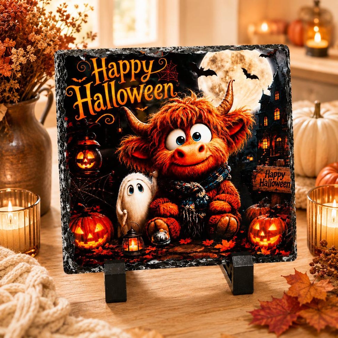 Halloween Highland Cow Slate Decoration